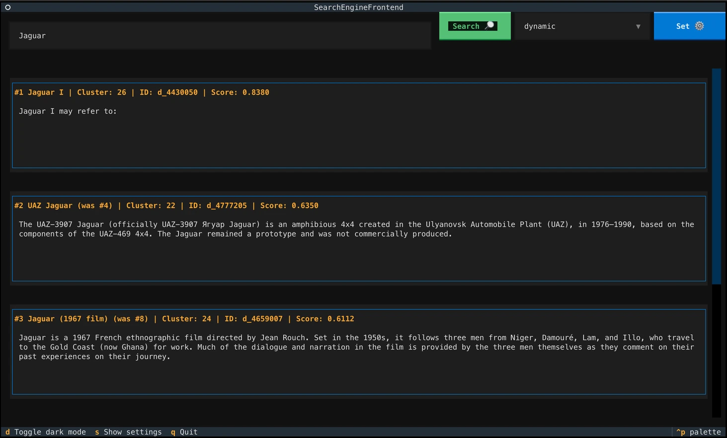 Terminal interface of the search engine listing results for the query Jaguar, each with its cluster and score